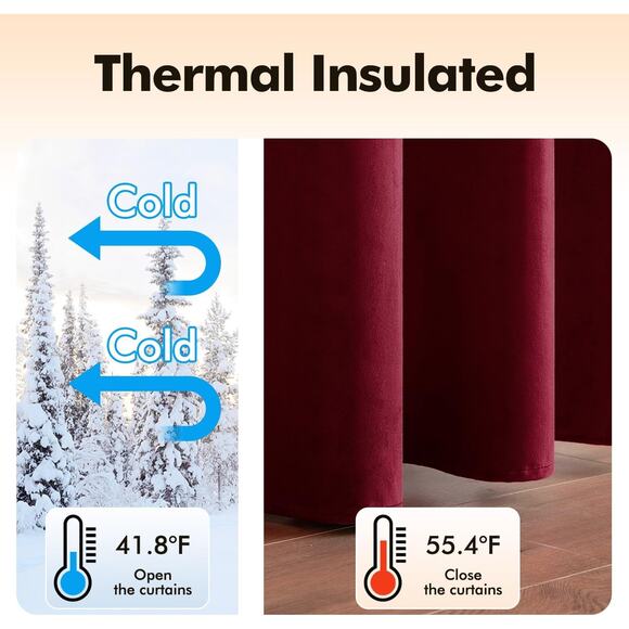 New Burgundy Velvet Thermal Blackout Curtains - 2 Panels (52 x 96) - Picture 4 of 5